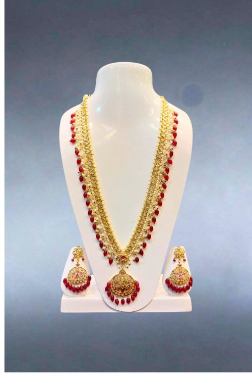 Polki Red Beaded Rani Haar Set