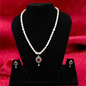 Real Pearl Necklace Set Red Pendant