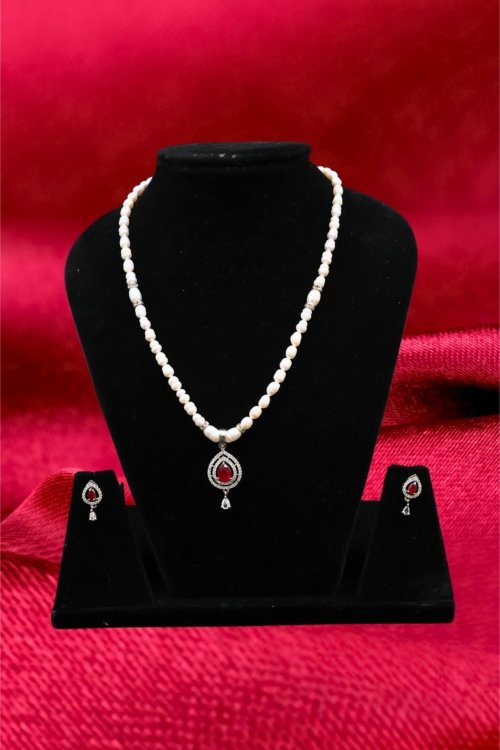 Real Pearl Necklace Set Red Pendant