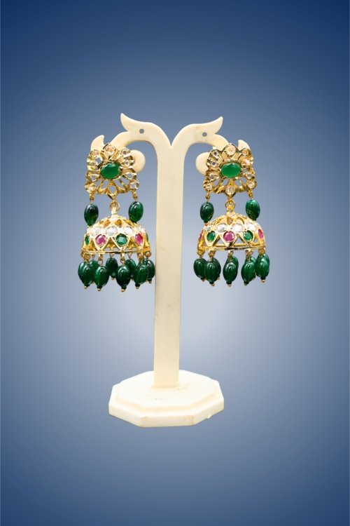 Green Stone & Pearl Jhumka Earrings