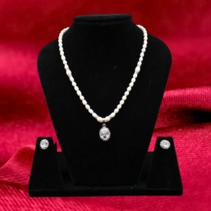 Real Pearl Necklace Set with American Diamond
