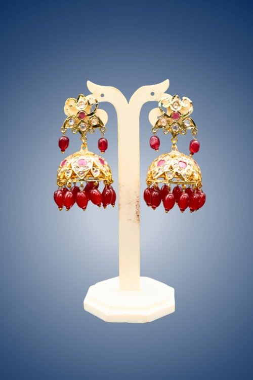 Red Stone & Pearl Jhumka Earrings