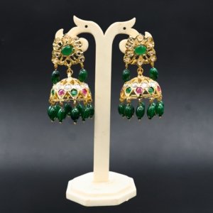 Green Stone & Pearl Jhumka Earrings