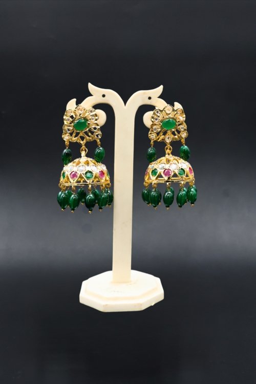 Green Stone & Pearl Jhumka Earrings