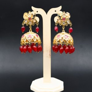 Red Stone & Pearl Jhumka Earrings