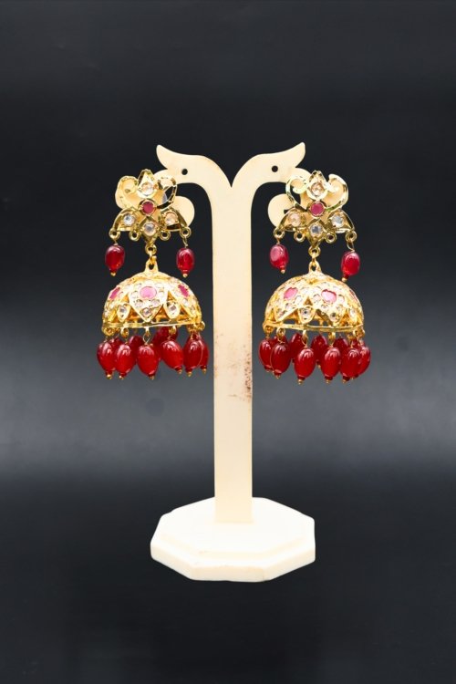 Red Stone & Pearl Jhumka Earrings