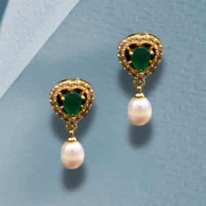 Green Stone & Pearl Earrings
