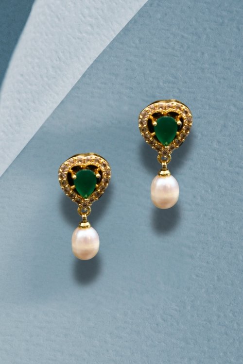 Green Stone & Pearl Earrings